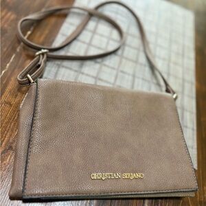 Christian Siriano Brown Taupe Pebbled Crossbody Bag with Gold Logo